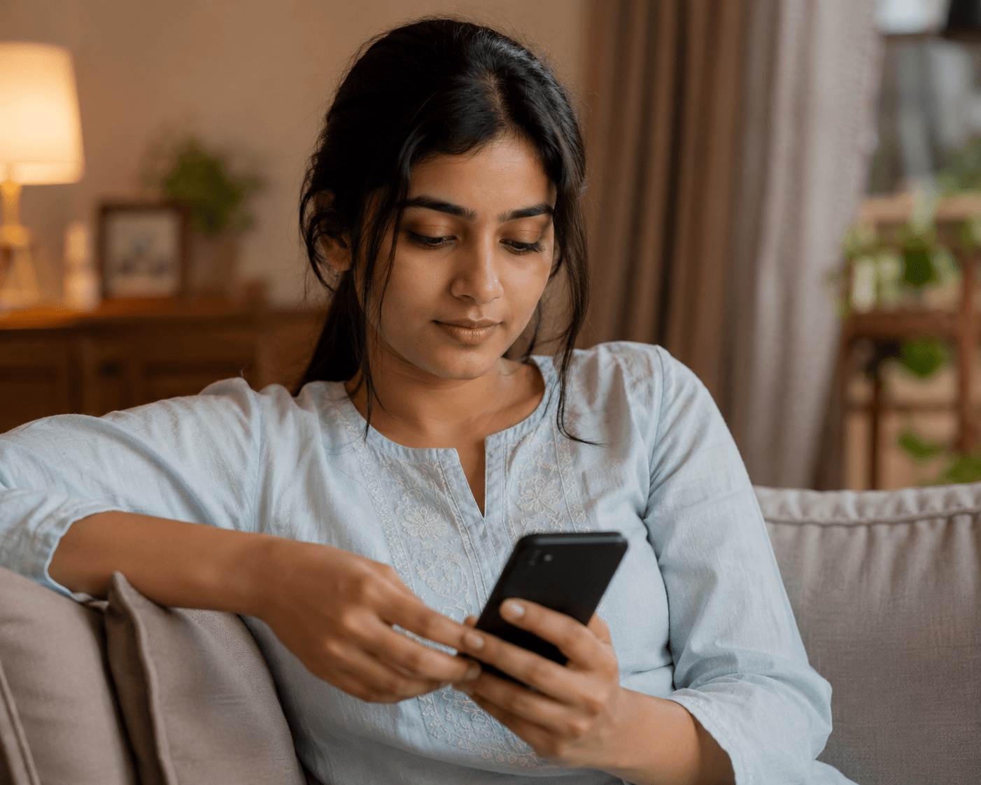 A person sitting comfortably at home, sharing how they feel on their phone