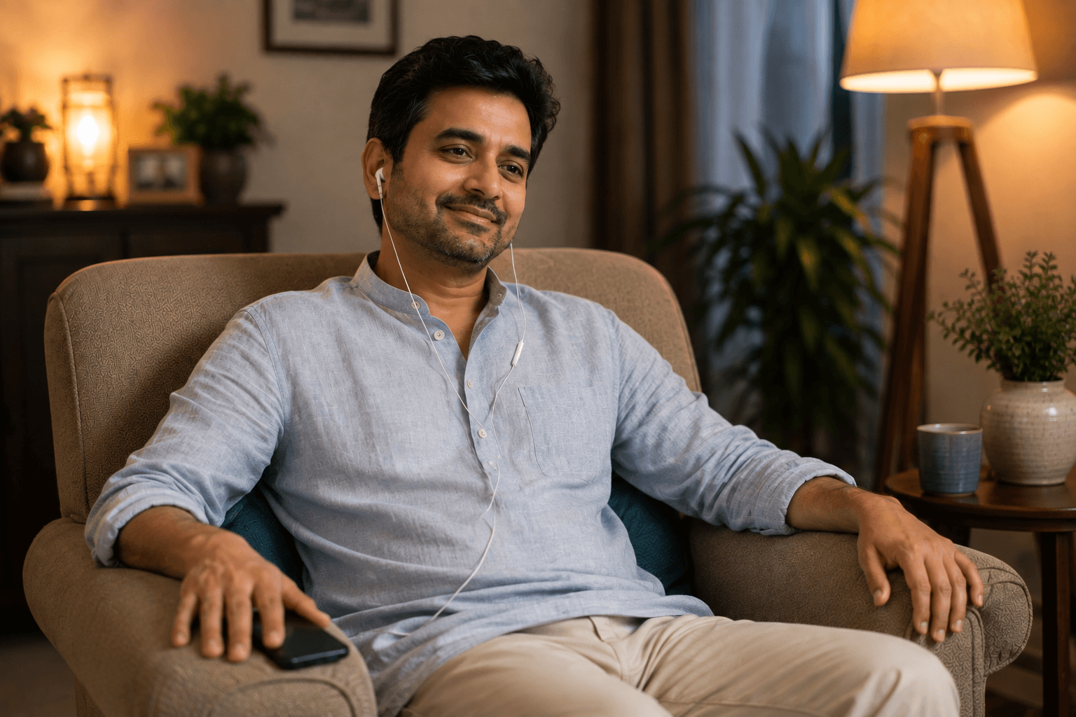 A person with earbuds, relaxed and feeling heard during a voice conversation